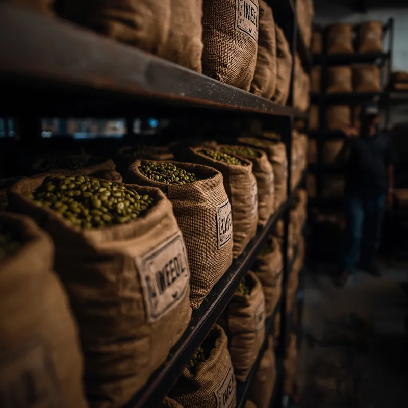 Shelf of green coffee beans