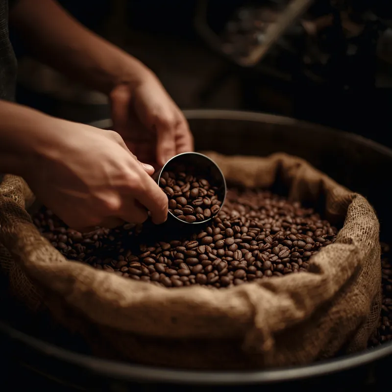 Hands scooping roasted beans